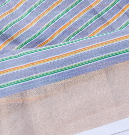 Chanderi Cotton Lines And Patch Work Blue Saree