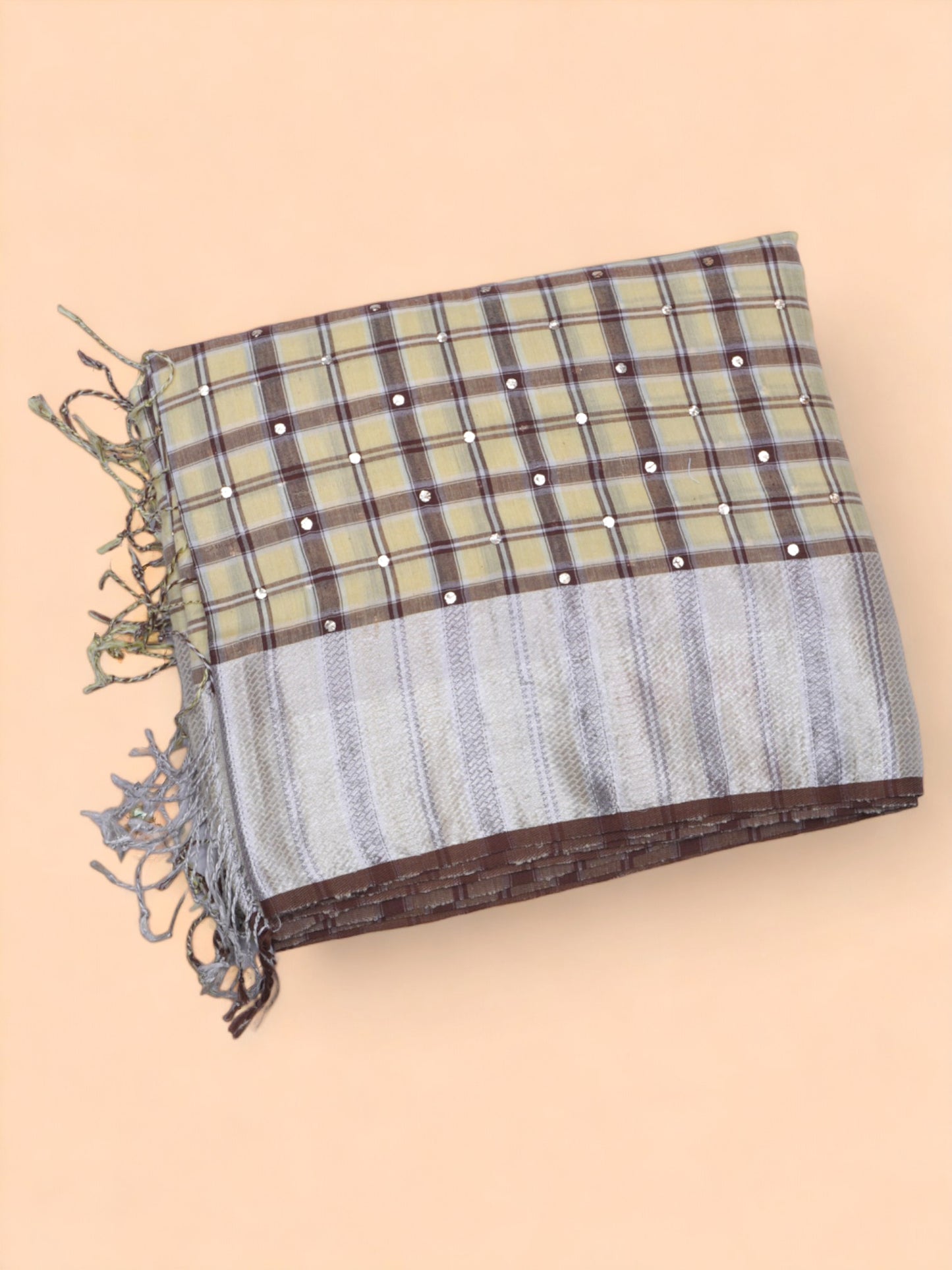 Linen Cotton Checks And Sequin Cream Saree