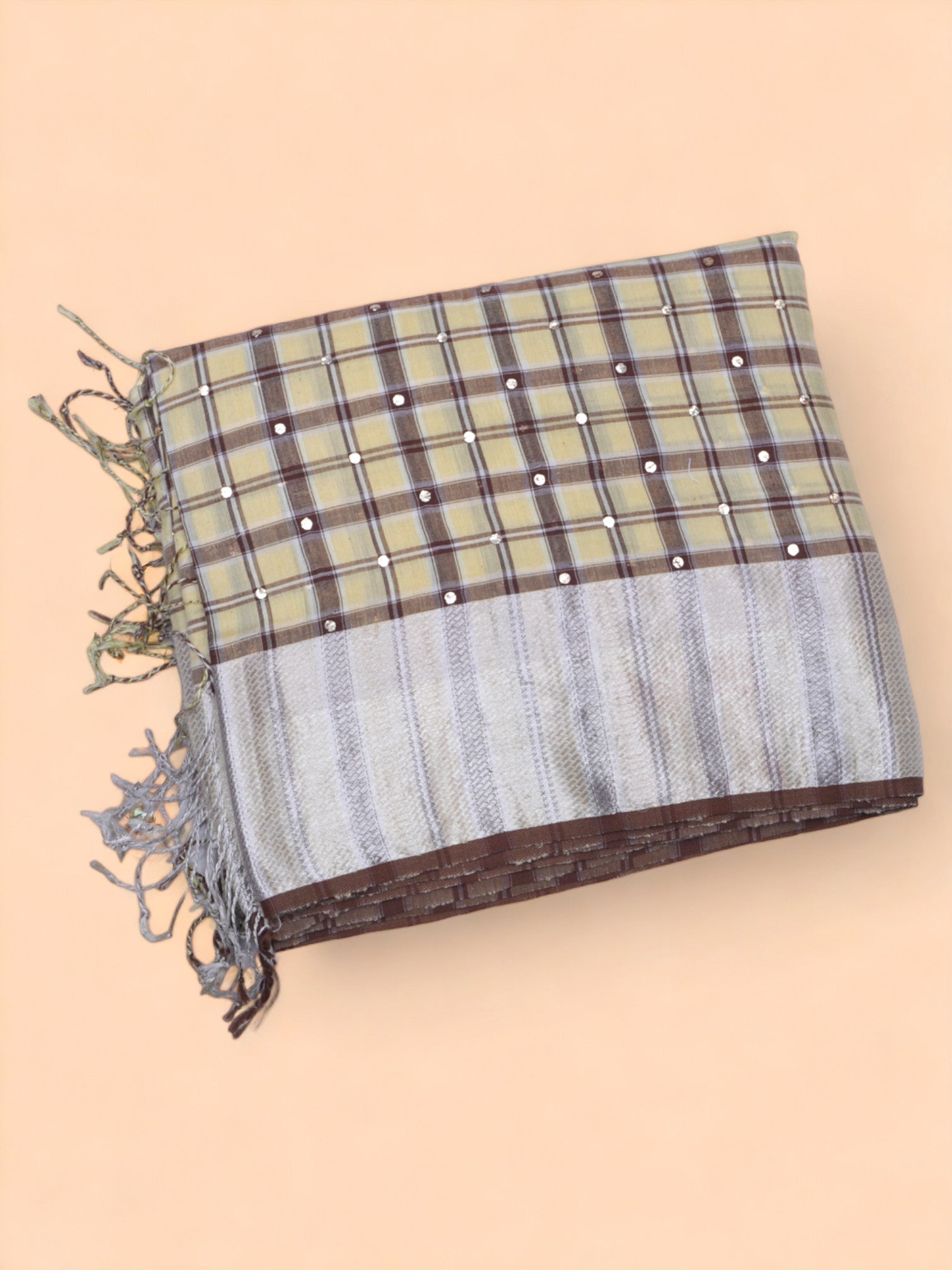 Linen Cotton Checks And Sequin Cream Saree