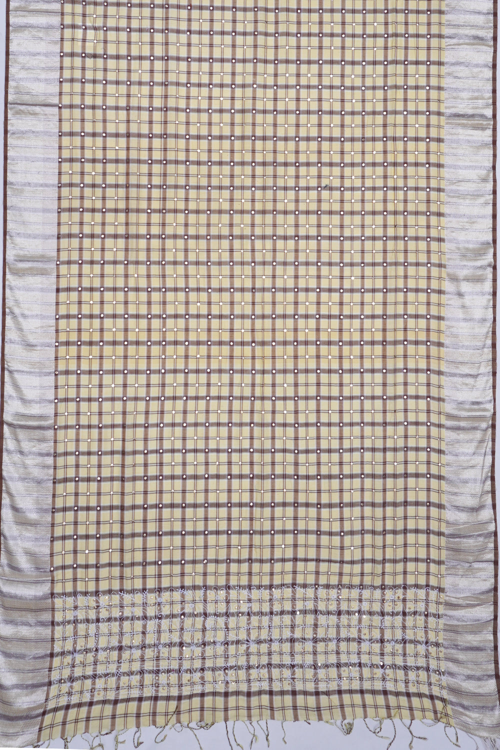 Linen Cotton Checks And Sequin Cream Saree