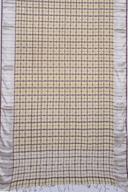 Linen Cotton Checks And Sequin Cream Saree