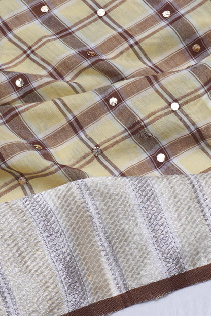 Linen Cotton Checks And Sequin Cream Saree