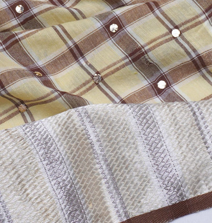 Linen Cotton Checks And Sequin Cream Saree