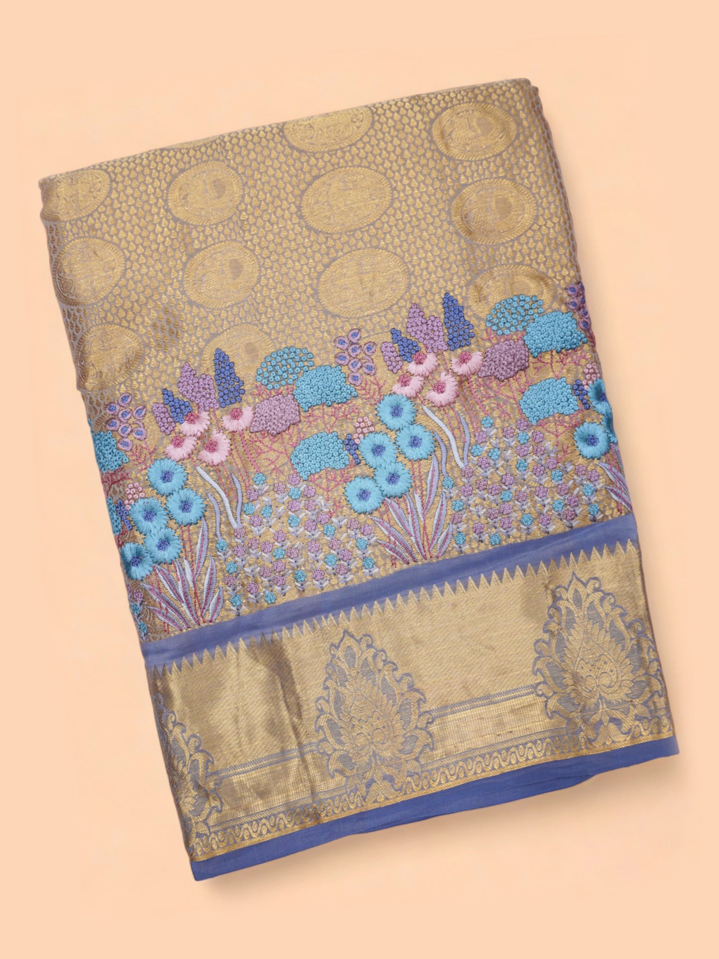 Soft Silk Brocade And Embroidery Grey Saree