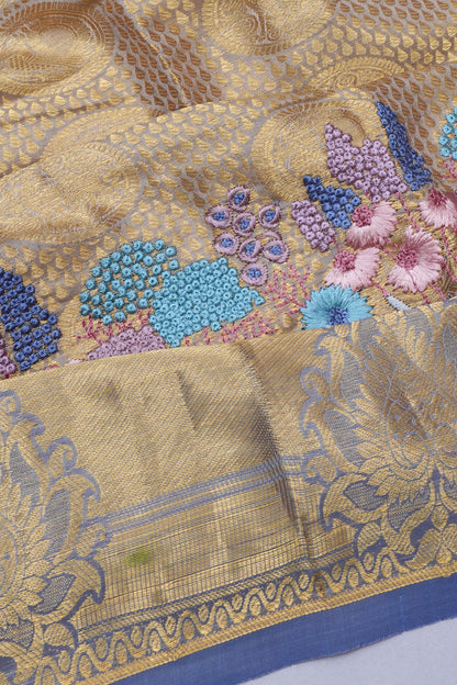 Soft Silk Brocade And Embroidery Grey Saree