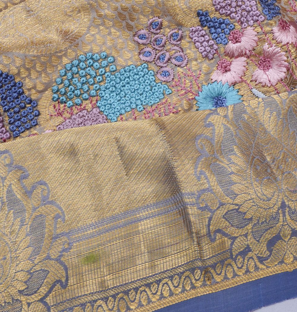 Soft Silk Brocade And Embroidery Grey Saree