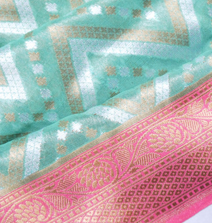 Banarasi Kora Organza Tissue Zig Zag Lines Green Saree