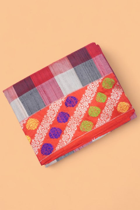 Banarasi Tussar Checks Multicolour Saree