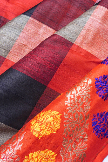 Banarasi Tussar Checks Multicolour Saree