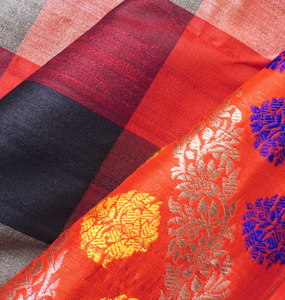 Banarasi Tussar Checks Multicolour Saree