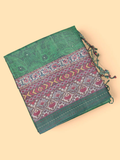 Tussar Floral Printed Bottle Green Saree