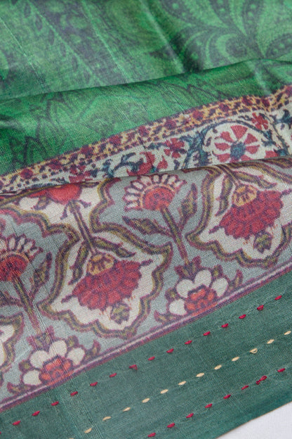 Tussar Floral Printed Bottle Green Saree
