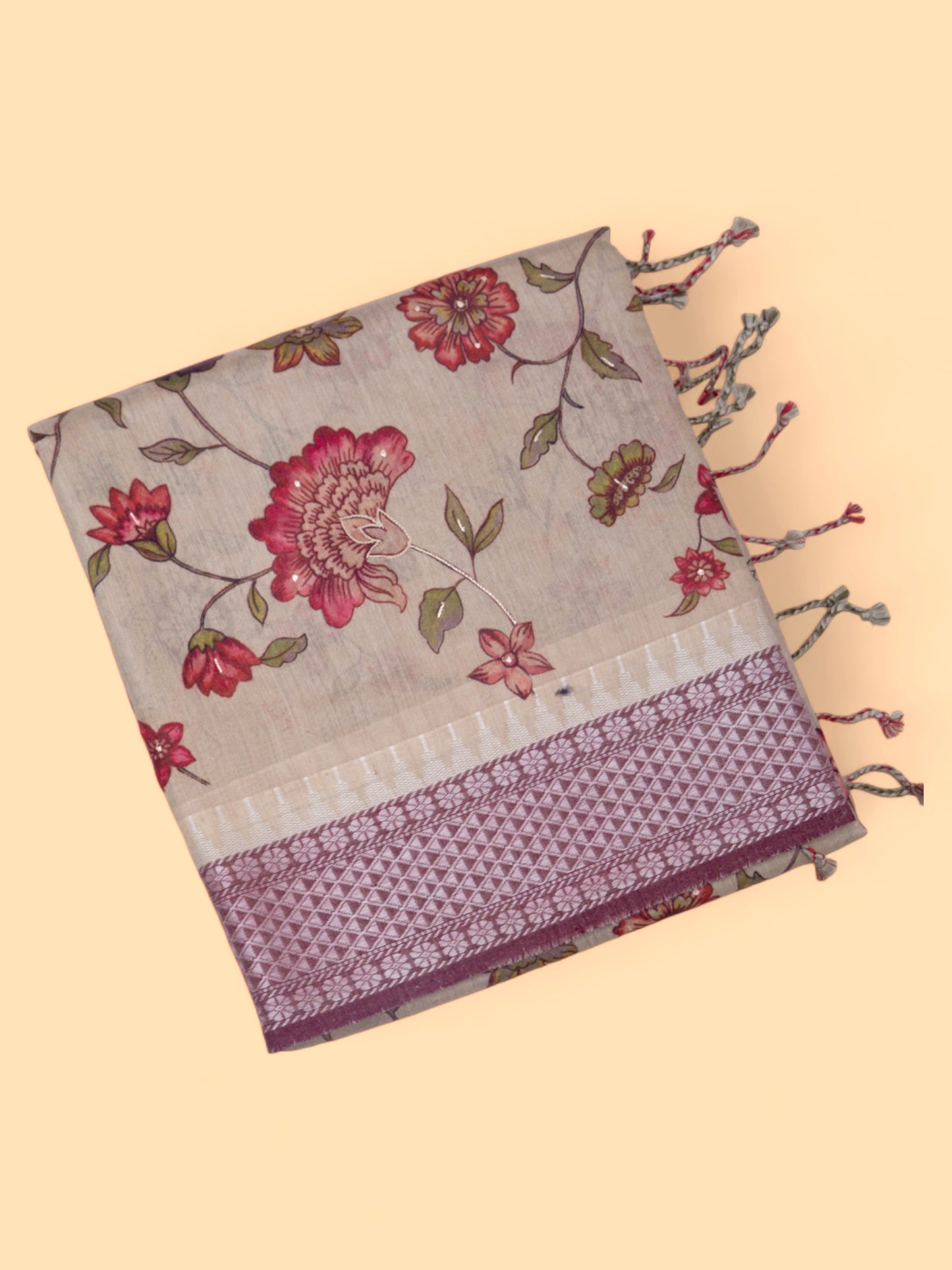 Tussar Floral Printed Cream Saree