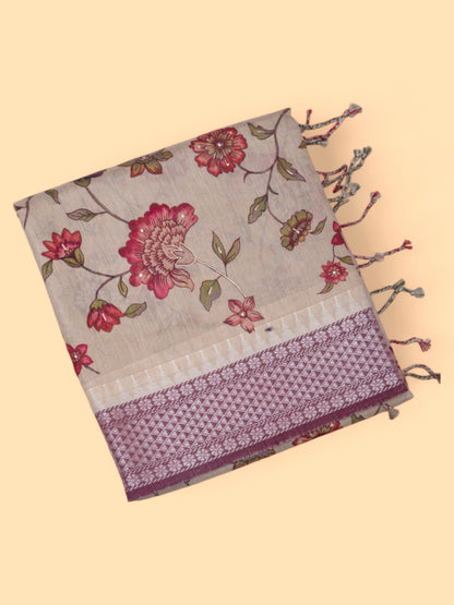Tussar Floral Printed Cream Saree