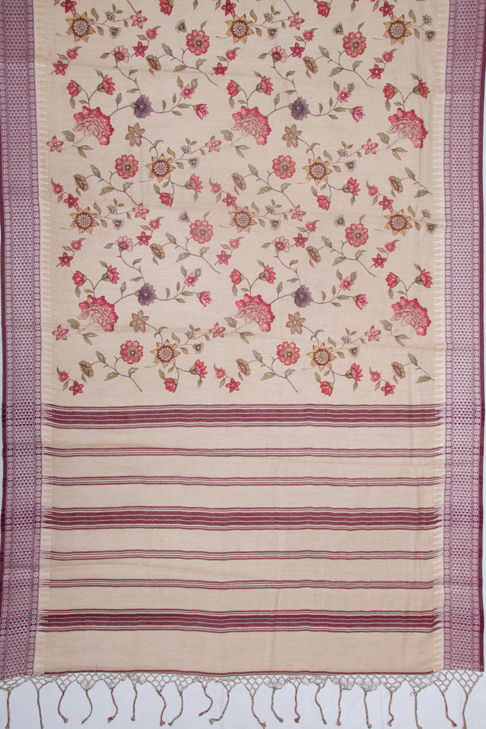 Tussar Floral Printed Cream Saree