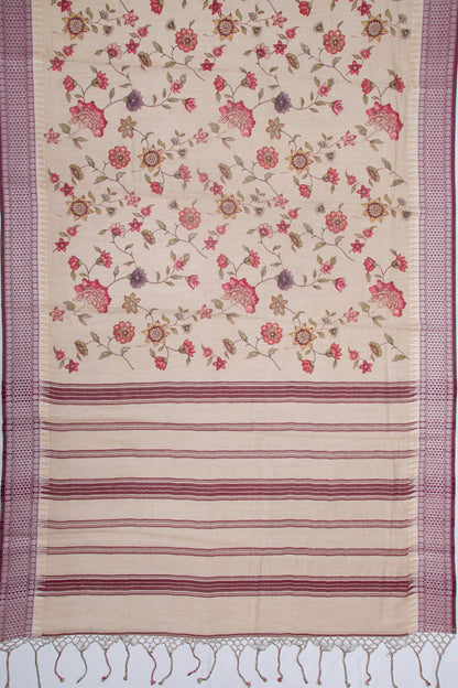 Tussar Floral Printed Cream Saree