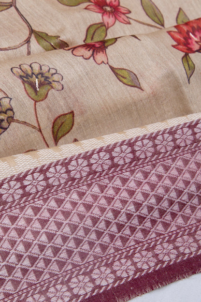 Tussar Floral Printed Cream Saree