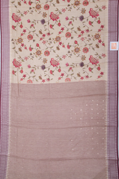 Tussar Floral Printed Cream Saree