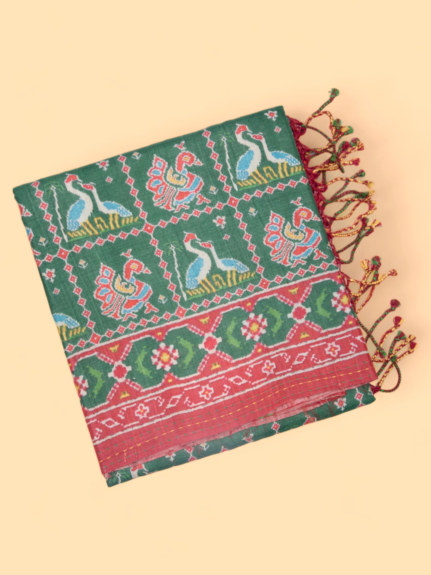Tussar Printed Bottle Green Saree