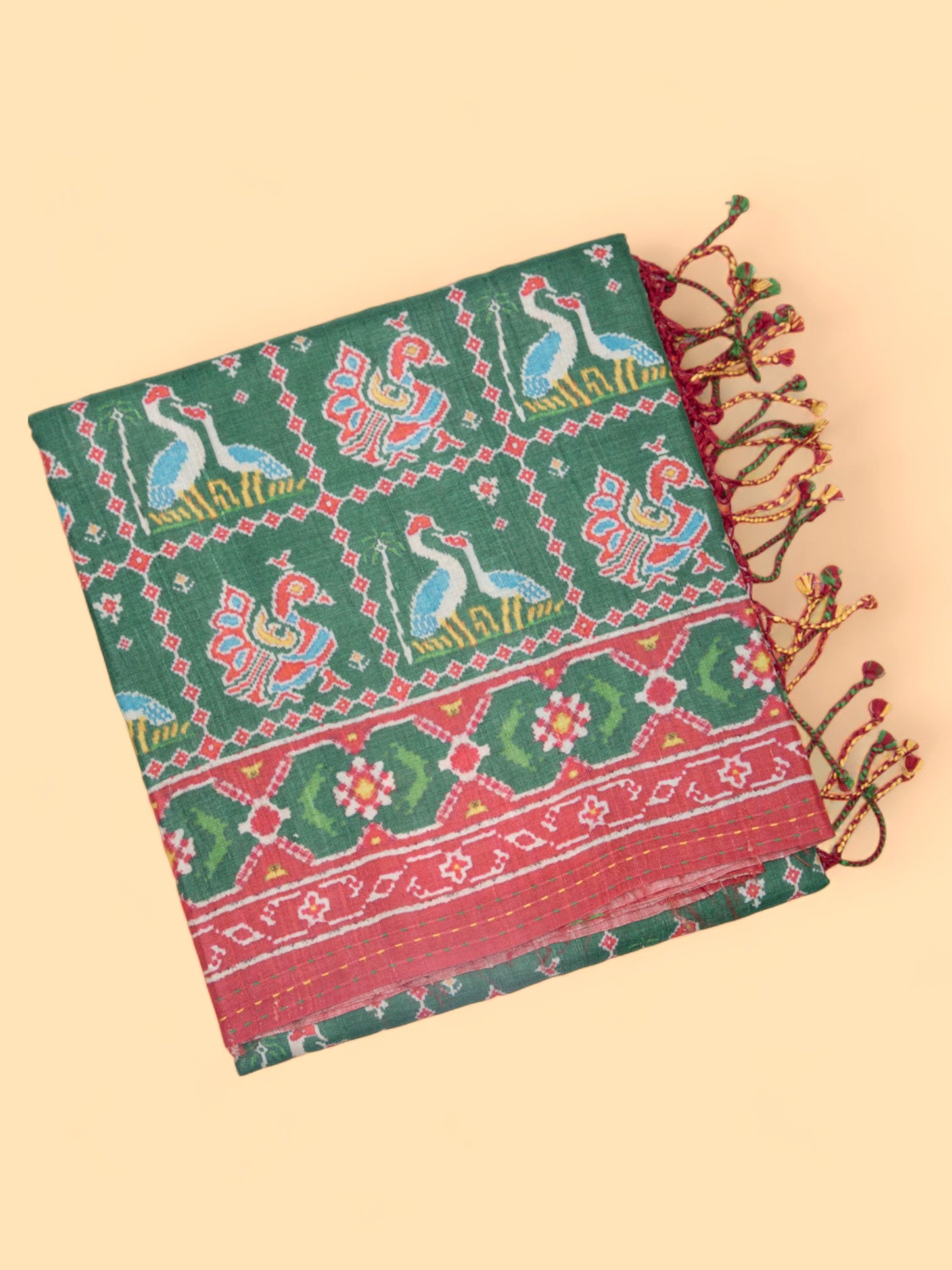 Tussar Printed Bottle Green Saree