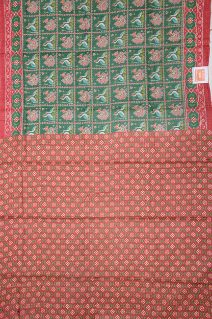 Tussar Printed Bottle Green Saree