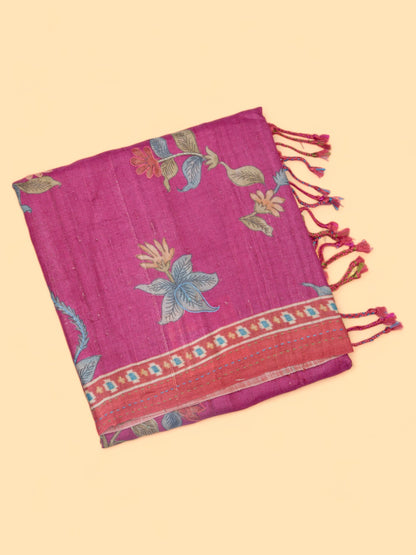 Tussar Floral Printed Pink Saree