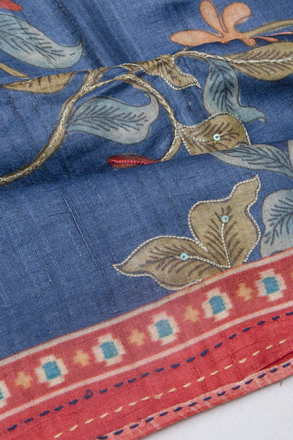 Tussar Floral Printed Blue Saree