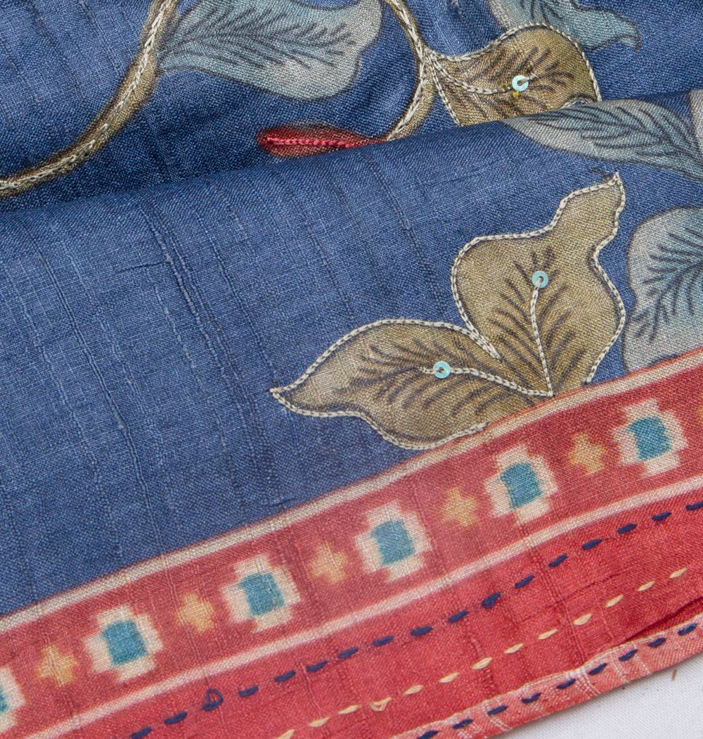Tussar Floral Printed Blue Saree