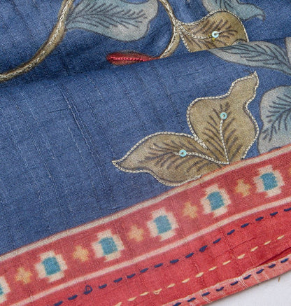 Tussar Floral Printed Blue Saree