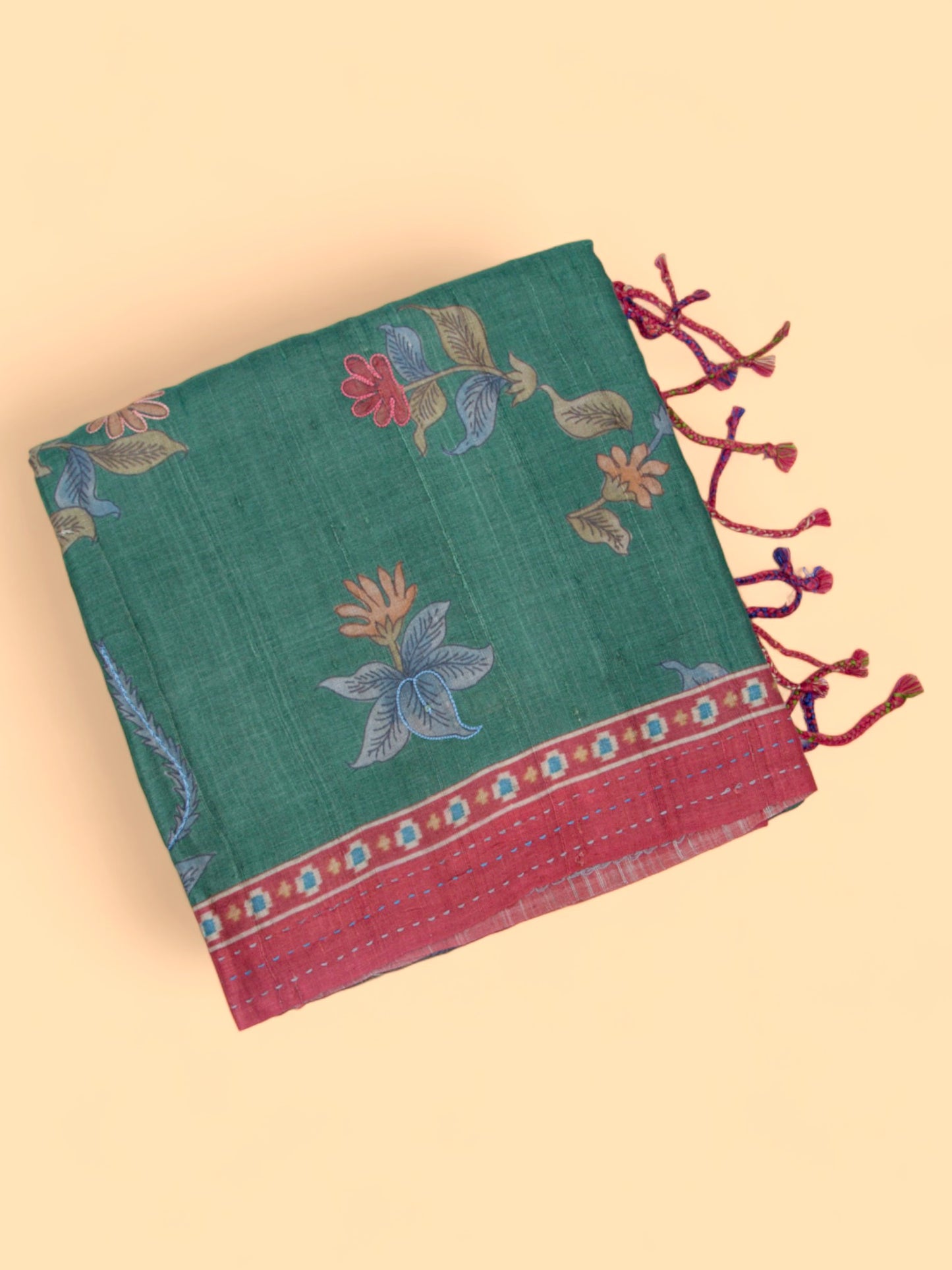 Tussar Floral Printed Green Saree
