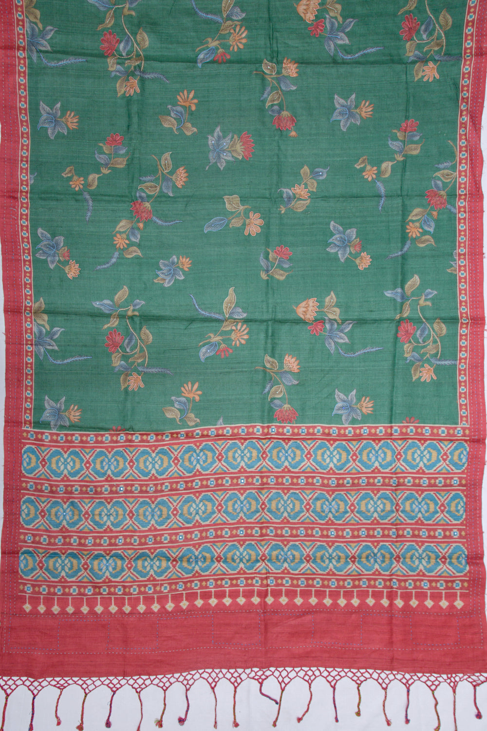 Tussar Floral Printed Green Saree