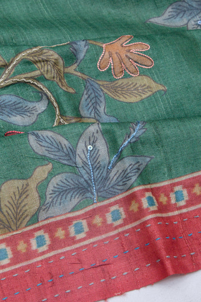 Tussar Floral Printed Green Saree