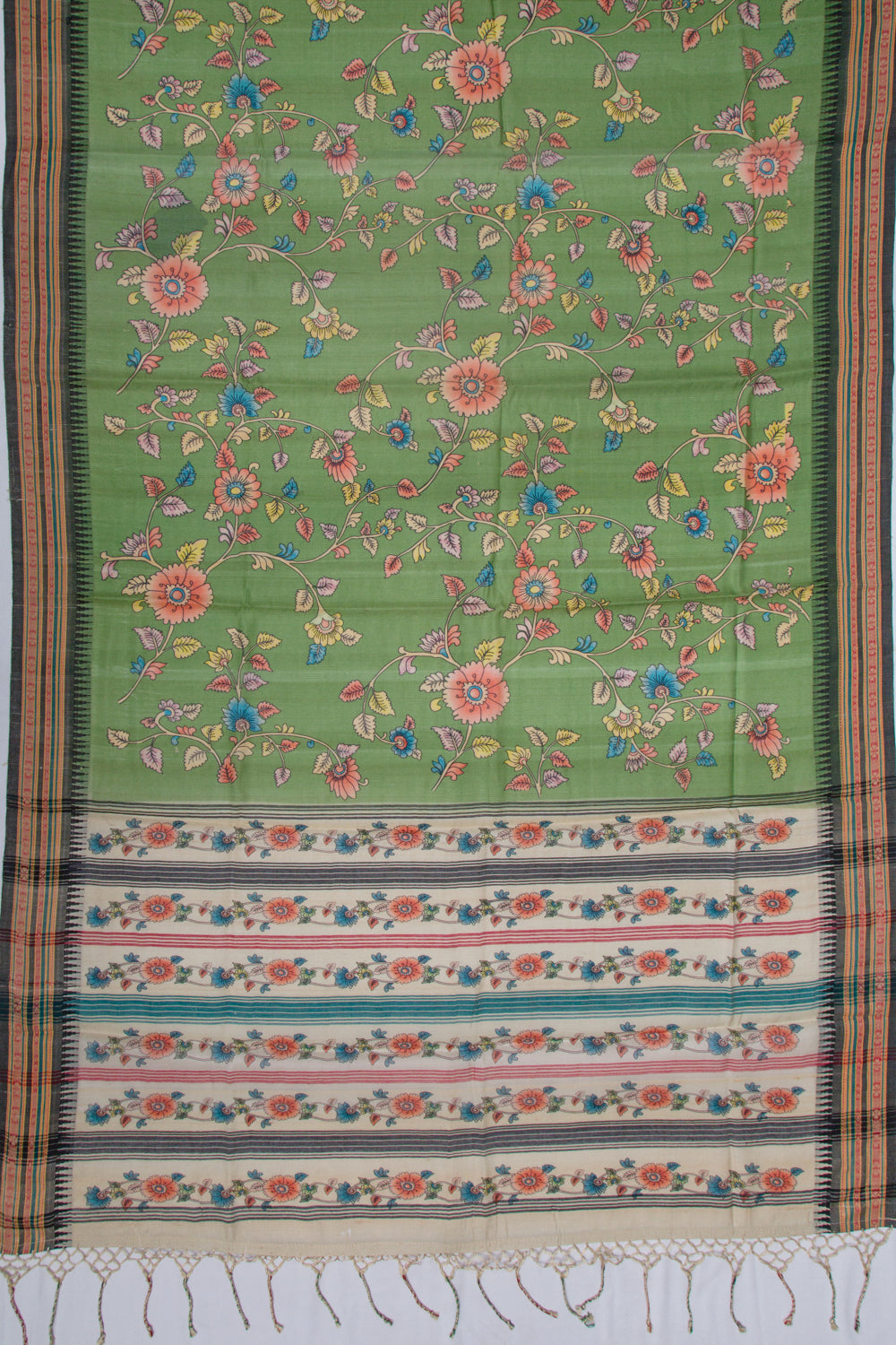 Tussar Floral Printed Green Saree