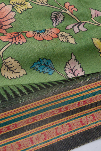 Tussar Floral Printed Green Saree
