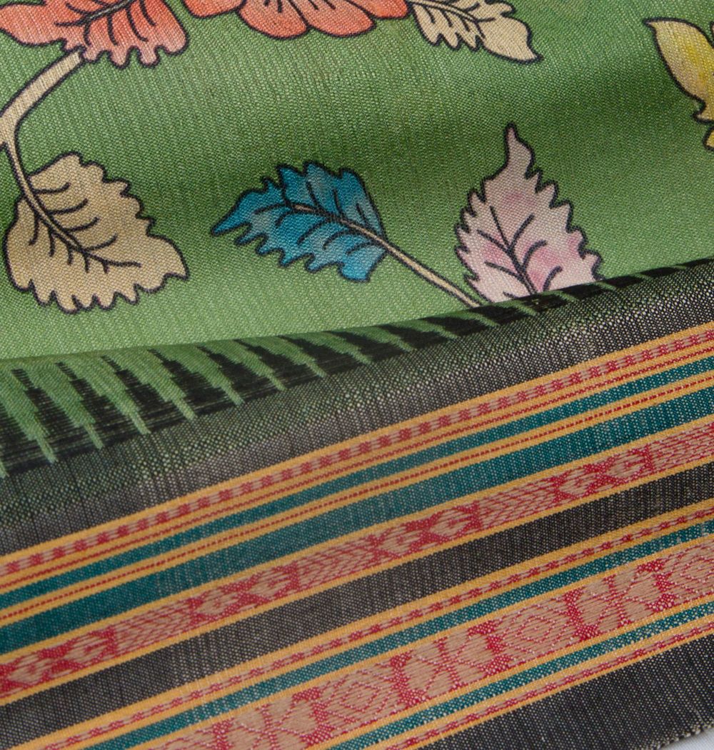 Tussar Floral Printed Green Saree