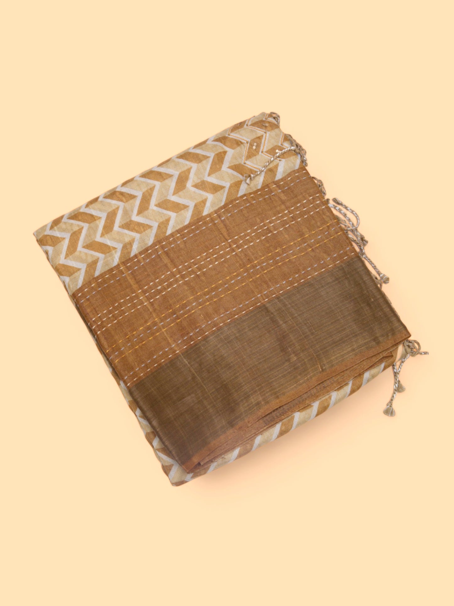 Tussar Printed Beige Gold Saree