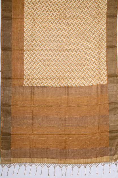 Tussar Printed Beige Gold Saree