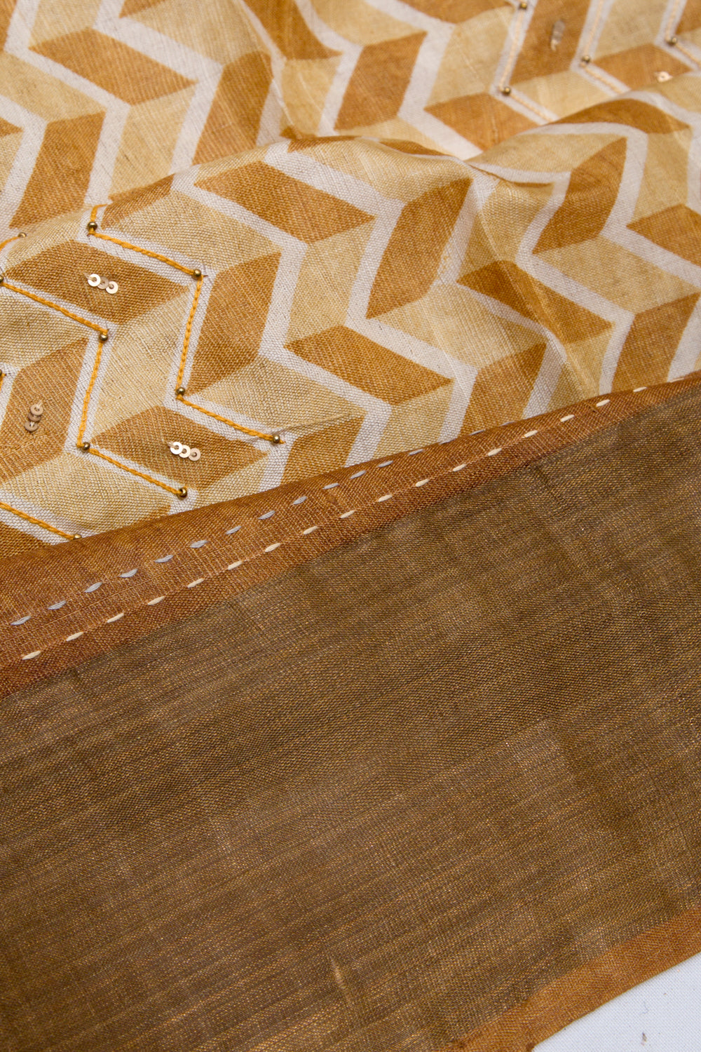Tussar Printed Beige Gold Saree
