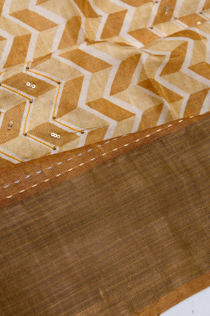 Tussar Printed Beige Gold Saree