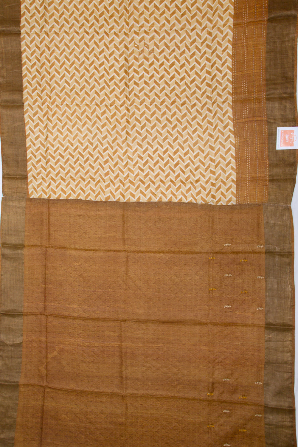 Tussar Printed Beige Gold Saree