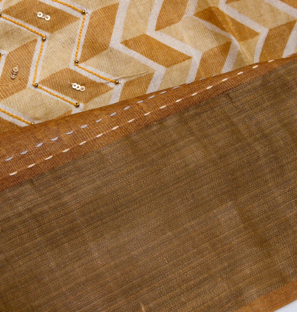 Tussar Printed Beige Gold Saree