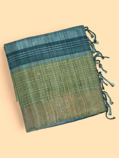 Tussar Horizontal Lines Green Saree