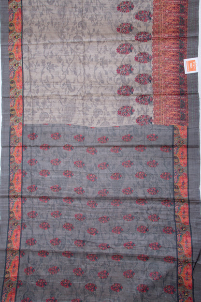 Tussar Floral Printed Grey Saree