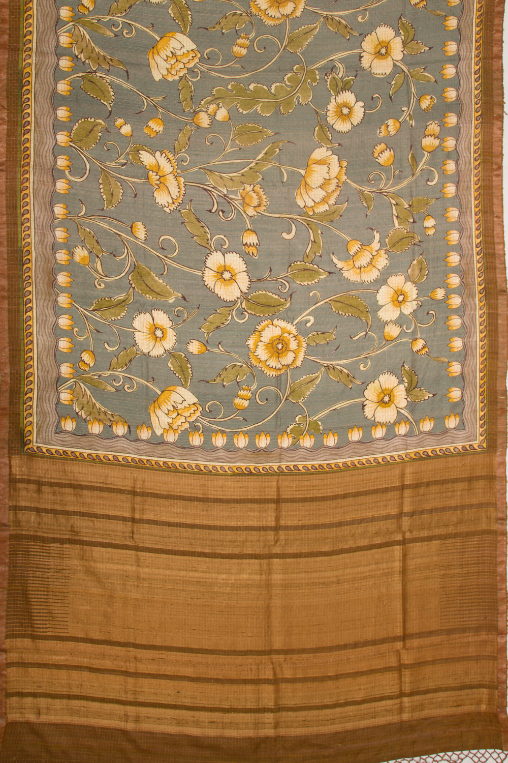 Tussar Checks And Floral Printed Grey Saree