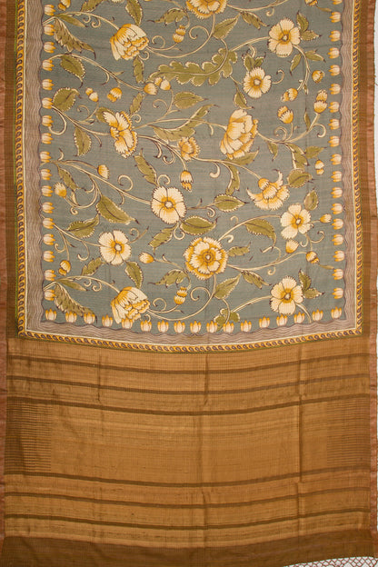 Tussar Checks And Floral Printed Grey Saree