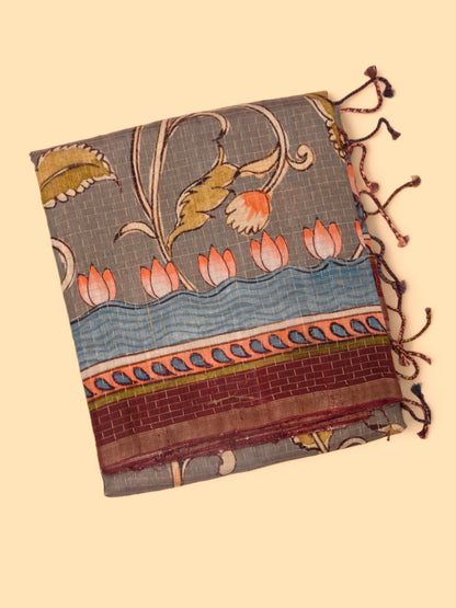 Tussar Checks And Floral Printed Grey Saree