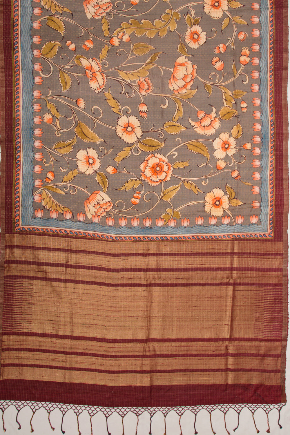 Tussar Checks And Floral Printed Grey Saree