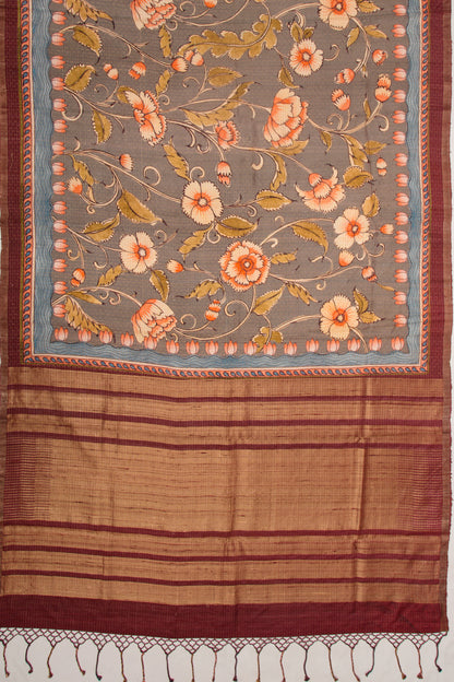 Tussar Checks And Floral Printed Grey Saree