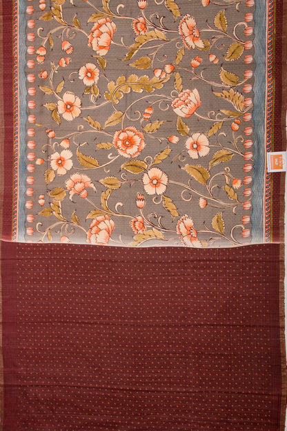 Tussar Checks And Floral Printed Grey Saree