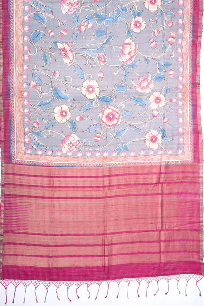 Tussar Floral Printed Grey Saree
